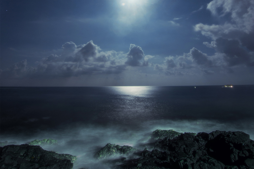 ﻿Ocean with rocky mountains in foreground and moon in the sky